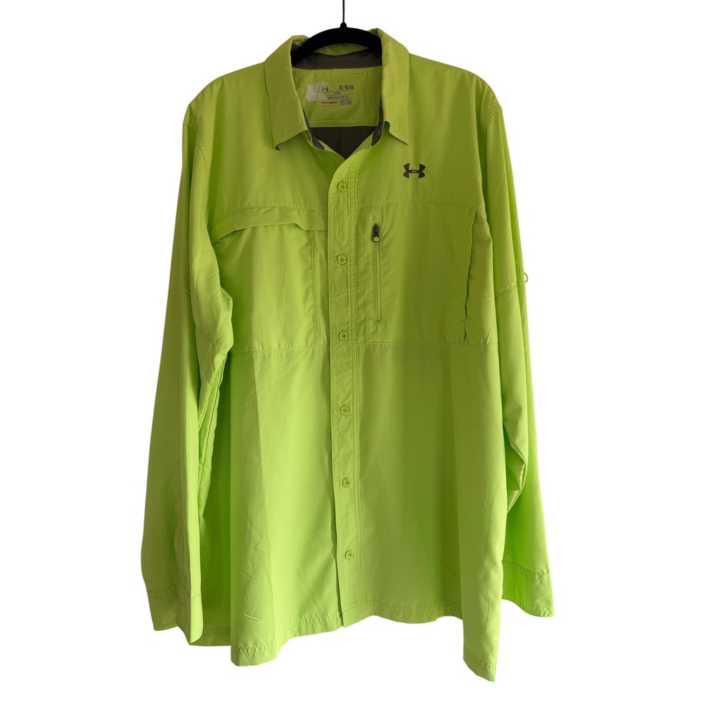 Under Armour Mens XL HeatGear Long Sleeve Fishing Shirt Lime Green Loose Fit
